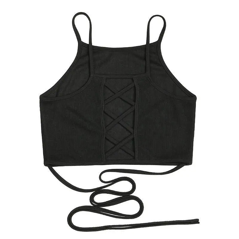 Solid Black Bandage Crossed Back Tank Top