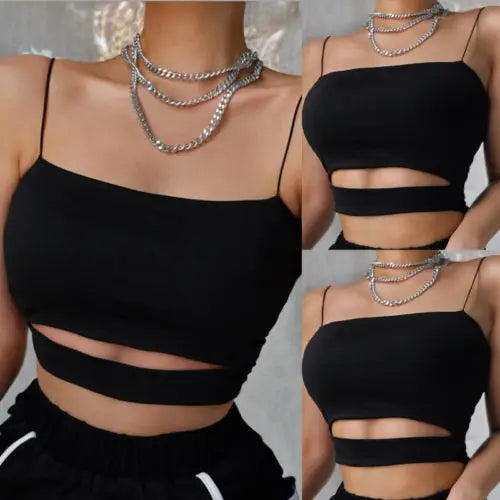 Solid Black Bandage Crossed Front Crop Top