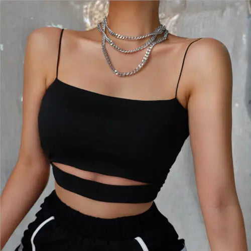 Solid Black Bandage Crossed Front Crop Top