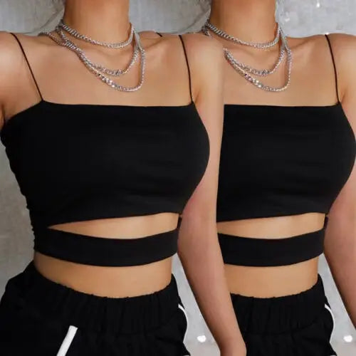 Solid Black Bandage Crossed Front Crop Top