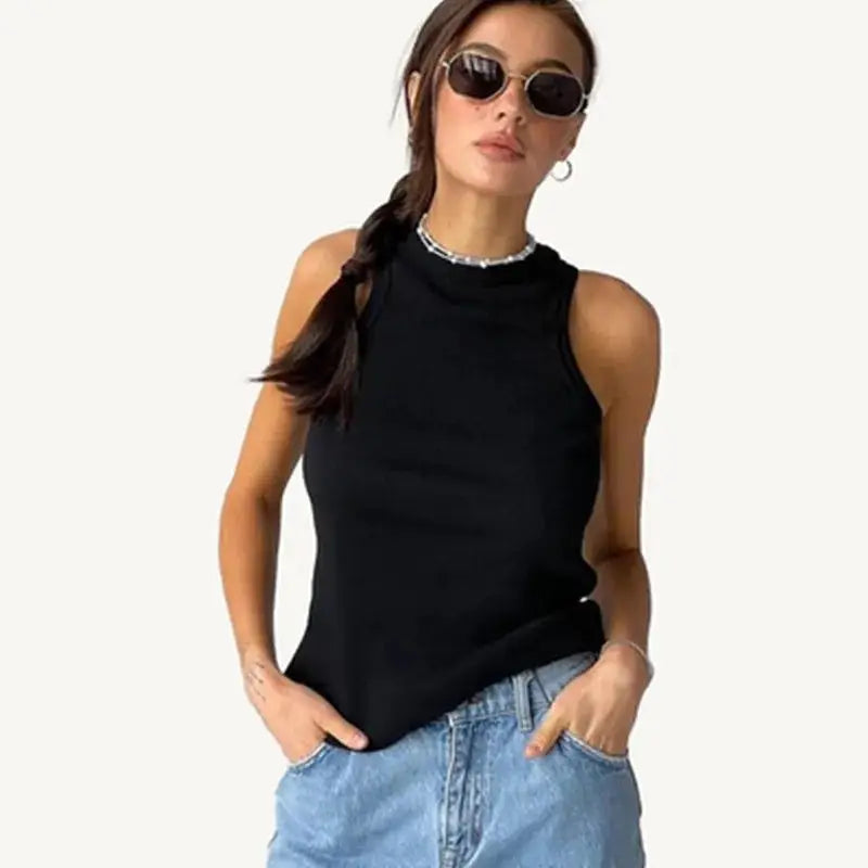 Solid Color Backless Sleeveless Knitted Vest - Black / S