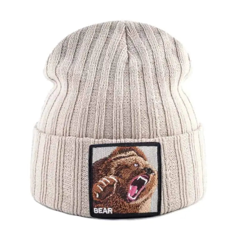 Solid Color Bear Knitted Beanies - Beige - Beanie