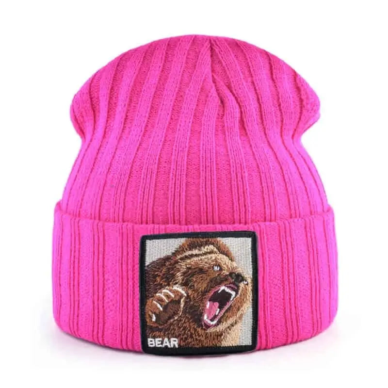 Solid Color Bear Knitted Beanies - Pink - Beanie