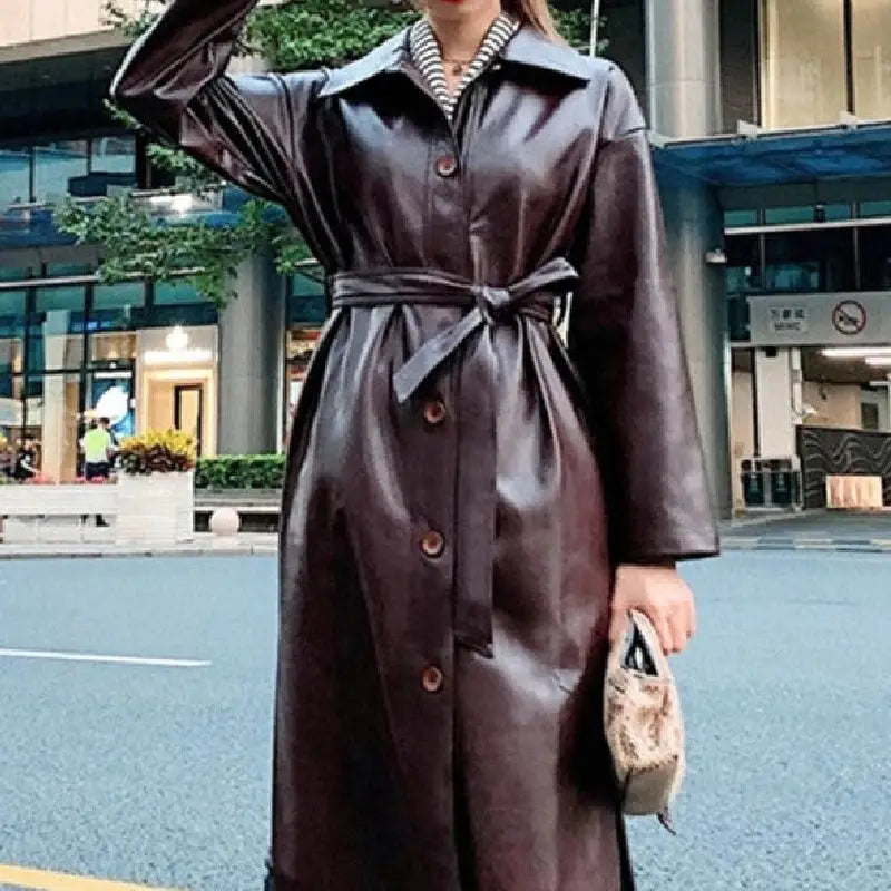 Solid Color Belt Long Cool PU Leather Trench Coat