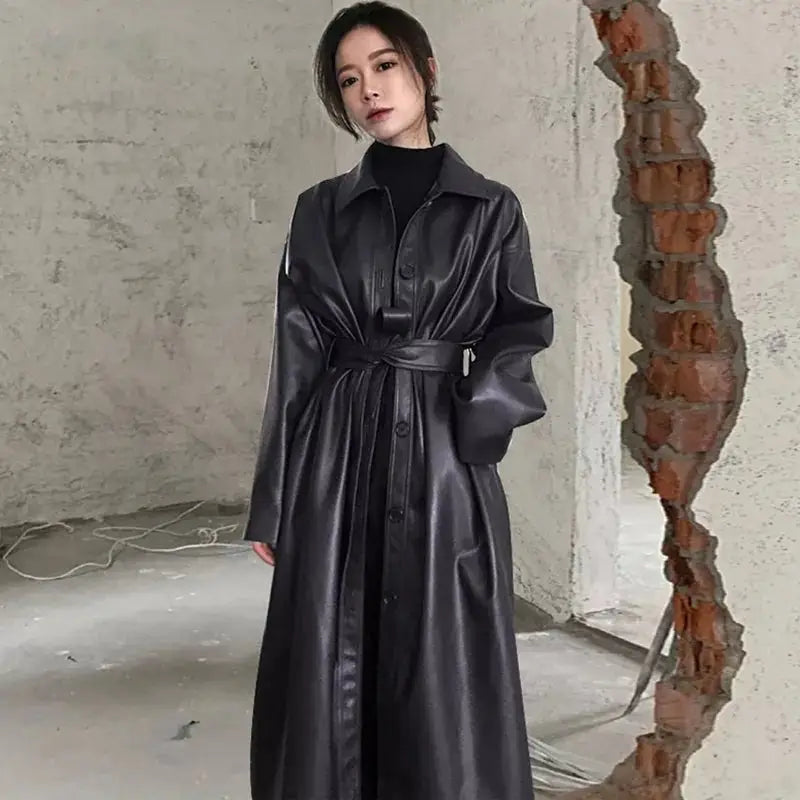Solid Color Belt Long Cool PU Leather Trench Coat