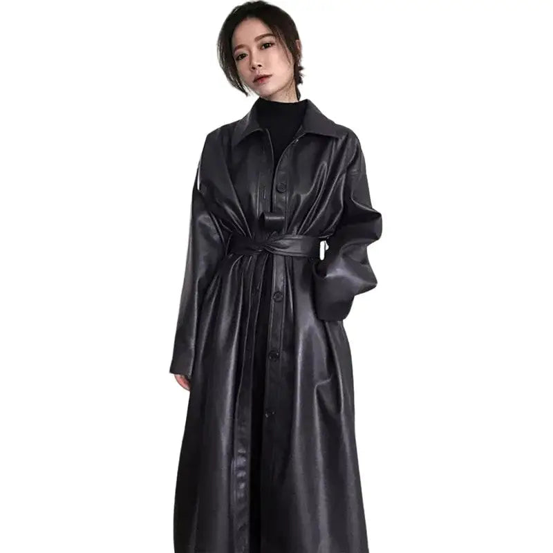 Solid Color Belt Long Cool PU Leather Trench Coat - Black