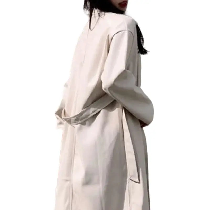 Solid Color Belt Long Cool PU Leather Trench Coat - Creamy
