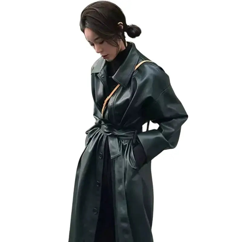 Solid Color Belt Long Cool PU Leather Trench Coat - Dark