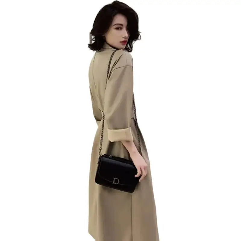 Solid Color Belt Long Cool PU Leather Trench Coat - Light