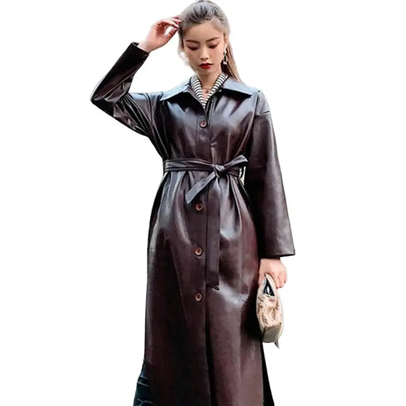 Solid Color Belt Long Cool PU Leather Trench Coat - Red / S