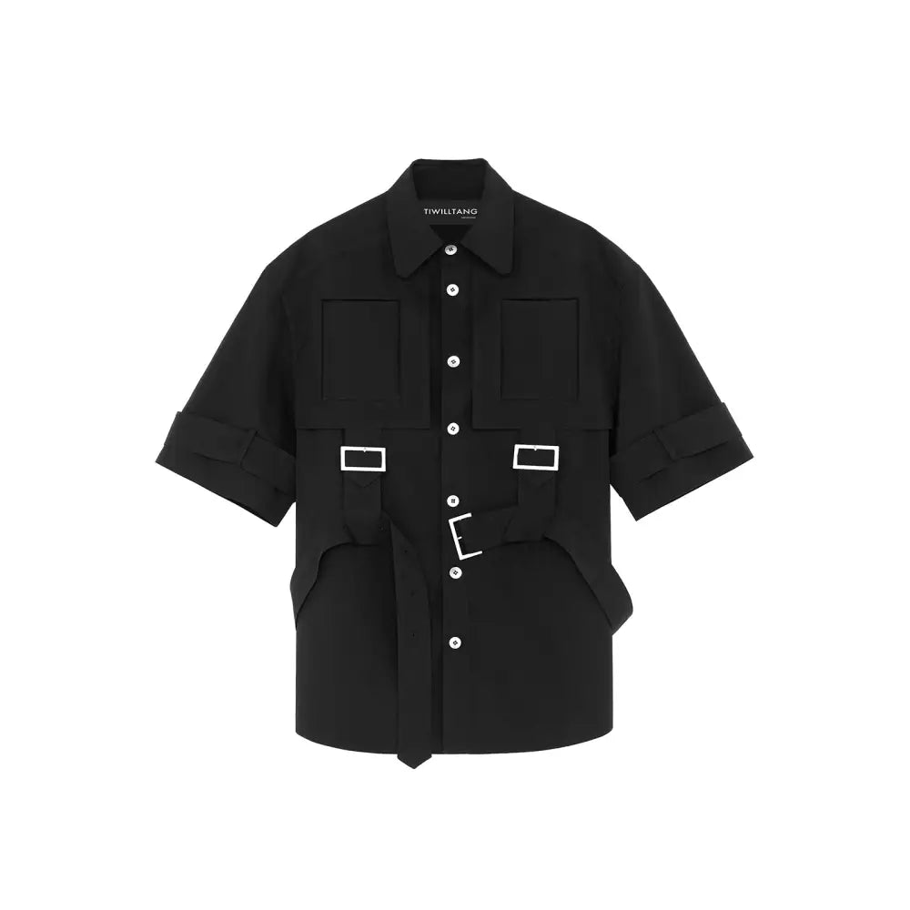Solid Color Belt Shirt with Five Point Sleeves