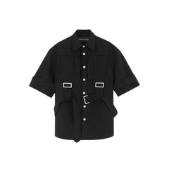 Solid Color Belt Shirt with Five Point Sleeves