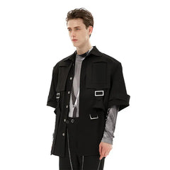 Solid Color Belt Shirt with Five Point Sleeves Black / S