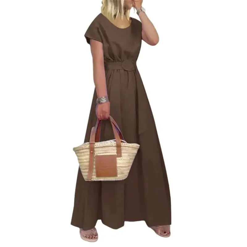 Solid Color Belted Short Sleeve O-Neck Dress - Brown / S