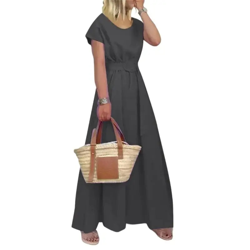Solid Color Belted Short Sleeve O-Neck Dress - Dark Grey / S