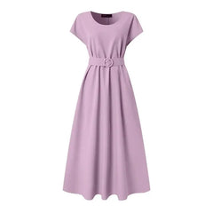 Solid Color Belted Short Sleeve O-Neck Dress - Purple / S