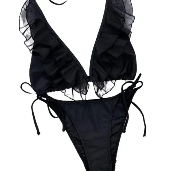 Solid Color Bikini Swimsuit - Black / S