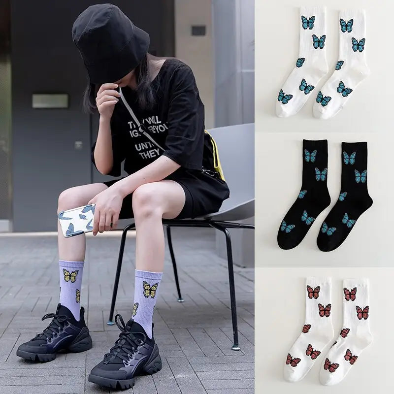 Solid Color Butterfly Middle Tube Socks