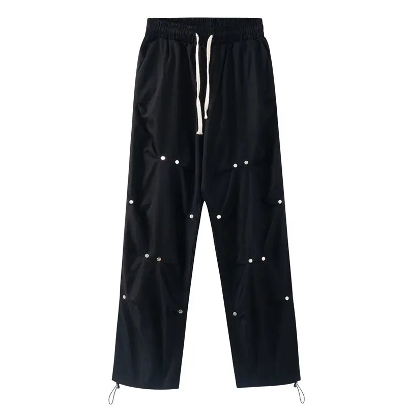 Solid Color Button Pleated Pants - Black / M