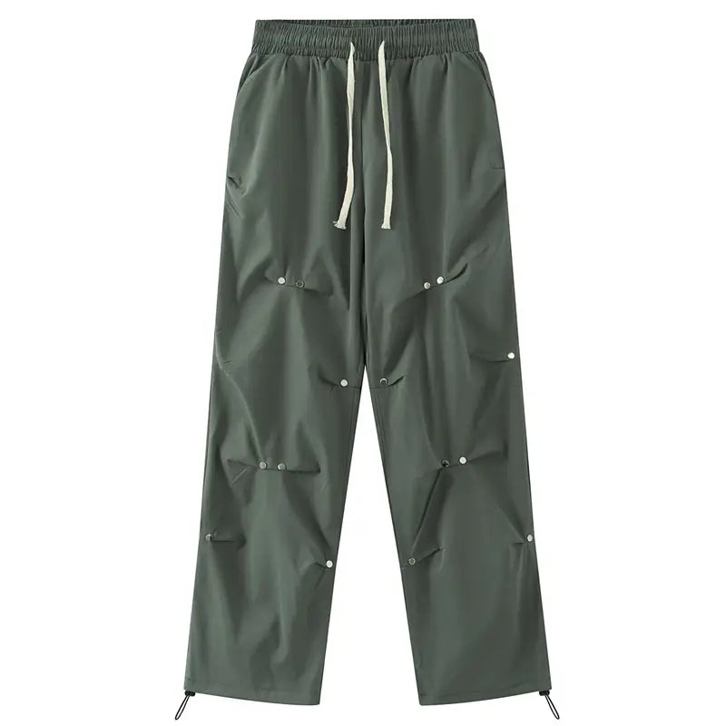 Solid Color Button Pleated Pants - Green / M