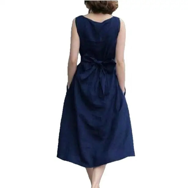 Solid Color Casual Sleeveless Loose Belted Dress - Blue / S