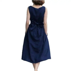 Solid Color Casual Sleeveless Loose Belted Dress - Blue / S