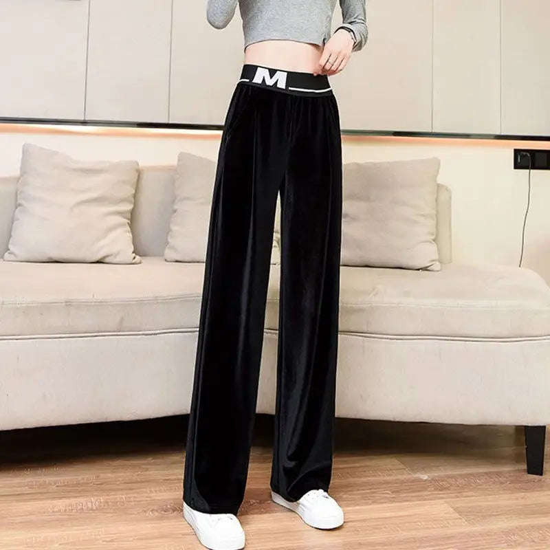 Solid Color Corduroy And Velvet Warm High Waist Pants