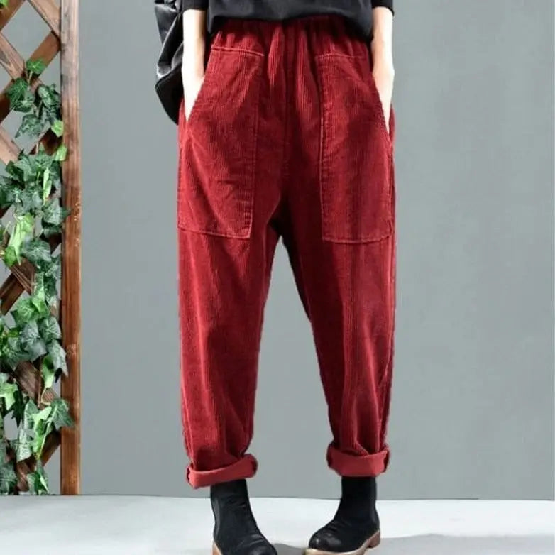 Solid Color Corduroy Harem Elastic And High Waist Pants