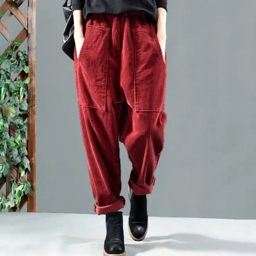 Solid Color Corduroy Harem Elastic And High Waist Pants