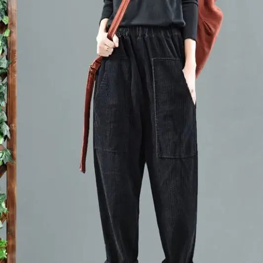 Solid Color Corduroy Harem Elastic And High Waist Pants