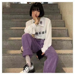 Solid Color Corduroy High Waist Wide Leg Straight Pants