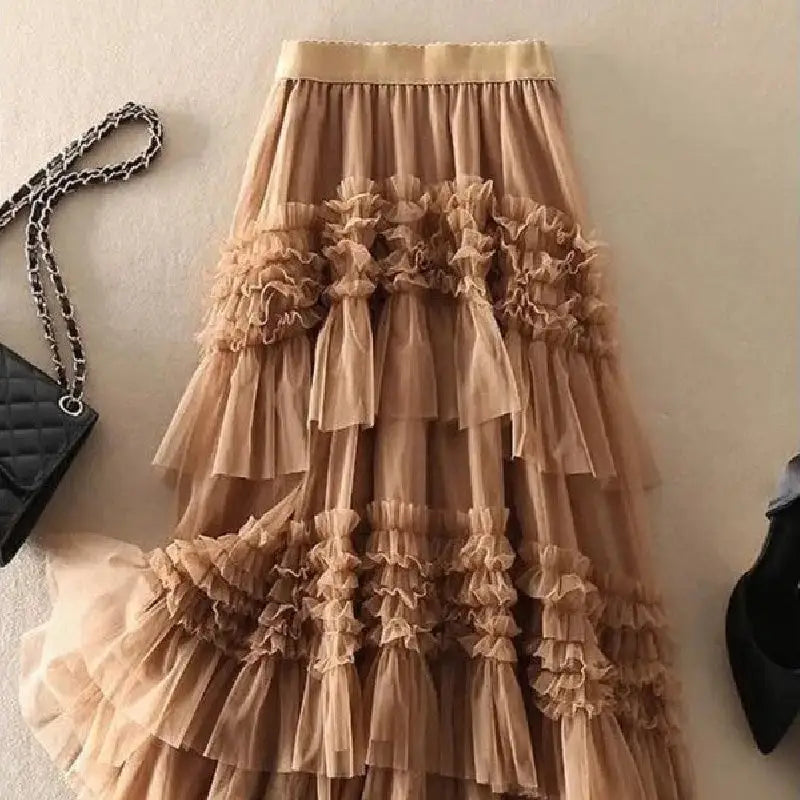 Solid Color Elastic High Waist Mesh Cake Skirt