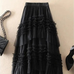 Solid Color Elastic High Waist Mesh Cake Skirt