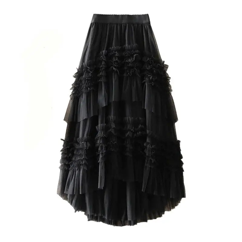 Solid Color Elastic High Waist Mesh Cake Skirt - Black