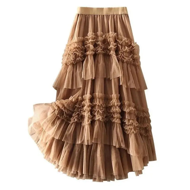 Solid Color Elastic High Waist Mesh Cake Skirt - Khaki