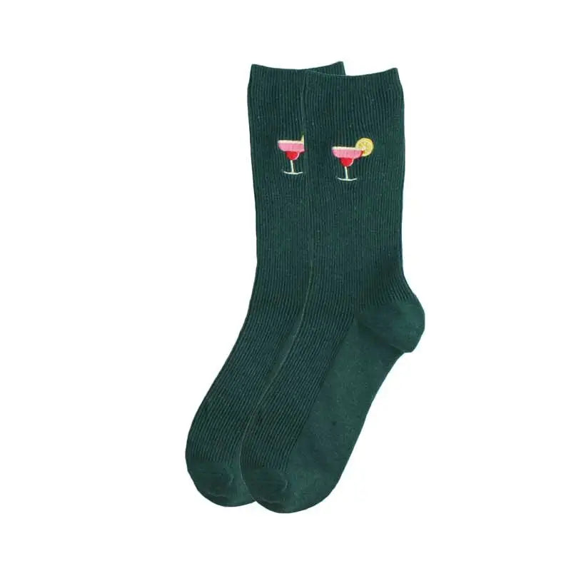 Solid Color Embroider Fruits Socks - Dark Green / One Size
