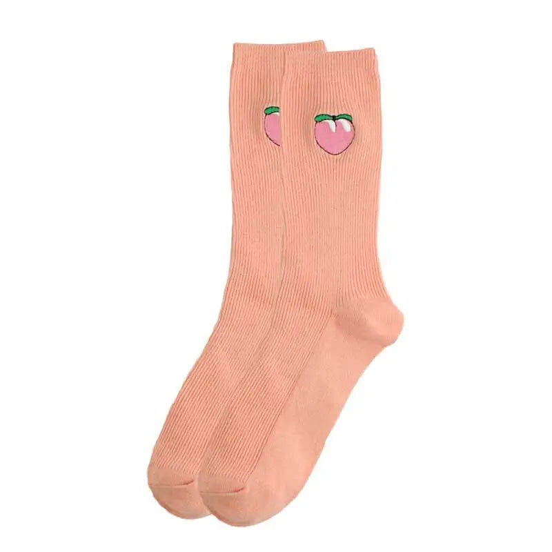 Solid Color Embroider Fruits Socks - Pink-Peach / One Size