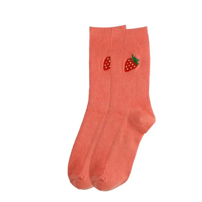 Solid Color Embroider Fruits Socks - Pink-Strawberry