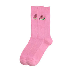 Solid Color Embroider Fruits Socks - Pink-Watermelon