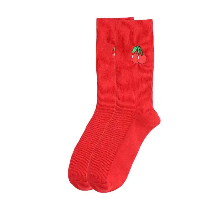 Solid Color Embroider Fruits Socks - Red-Cherry / One Size
