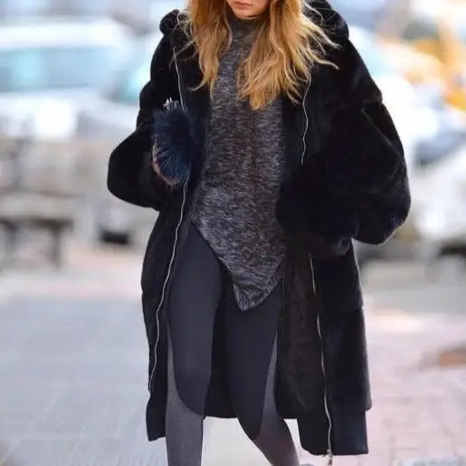 Solid Color Faux Fur Long Coat