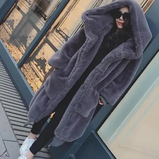 Solid Color Faux Fur Long Coat - Gray / XS