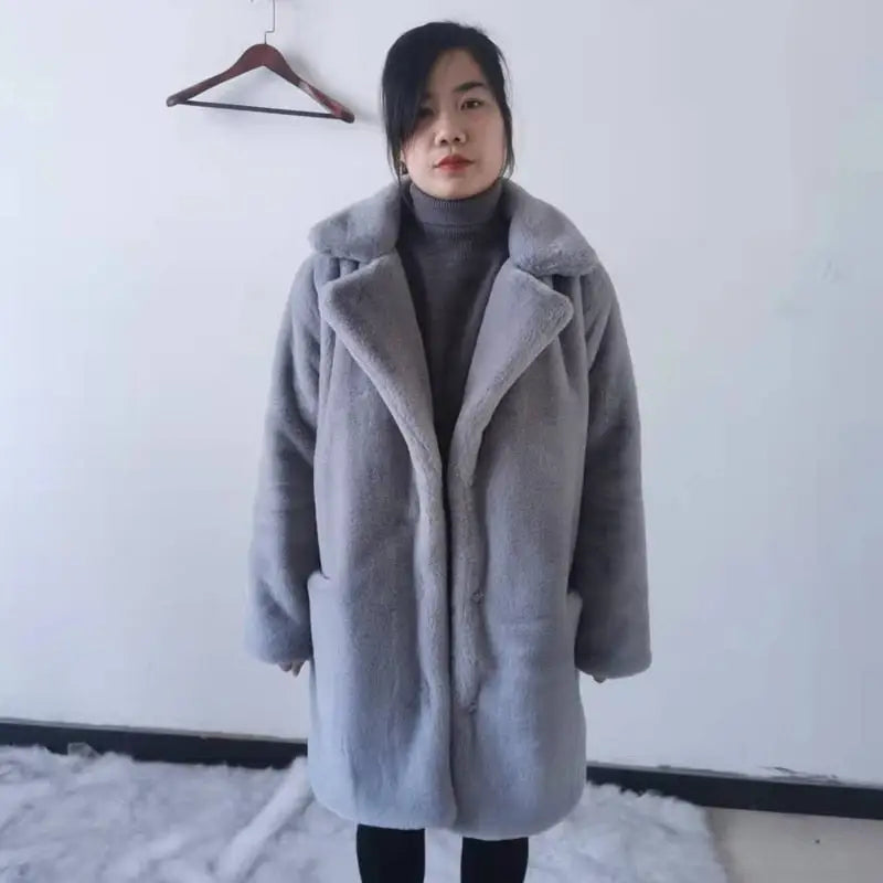 Solid Color Faux Fur Middle -Long Coat