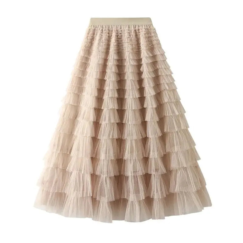 Solid Color Floor-Length Tulle Skirt - Beige / One Size