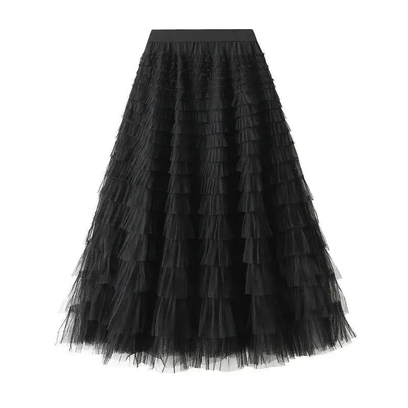 Solid Color Floor-Length Tulle Skirt - Black / One Size