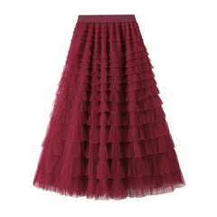 Solid Color Floor-Length Tulle Skirt - Burgundy / One Size