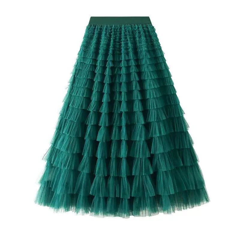 Solid Color Floor-Length Tulle Skirt - Dark Green / One Size