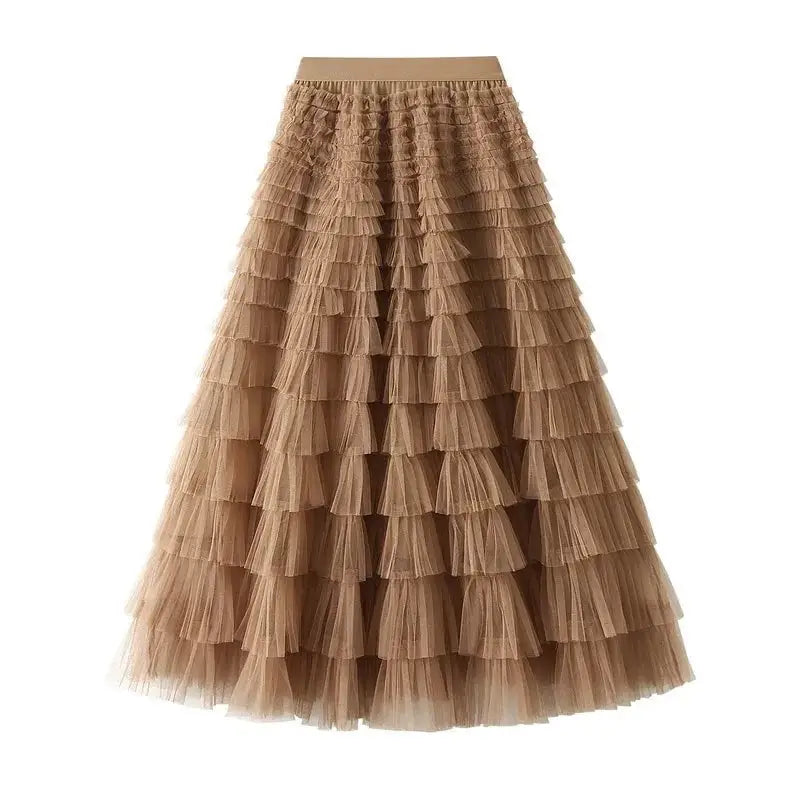 Solid Color Floor-Length Tulle Skirt - Khaki / One Size