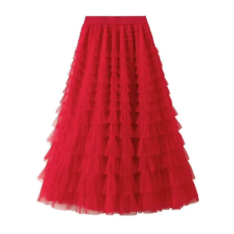 Solid Color Floor-Length Tulle Skirt - Red / One Size