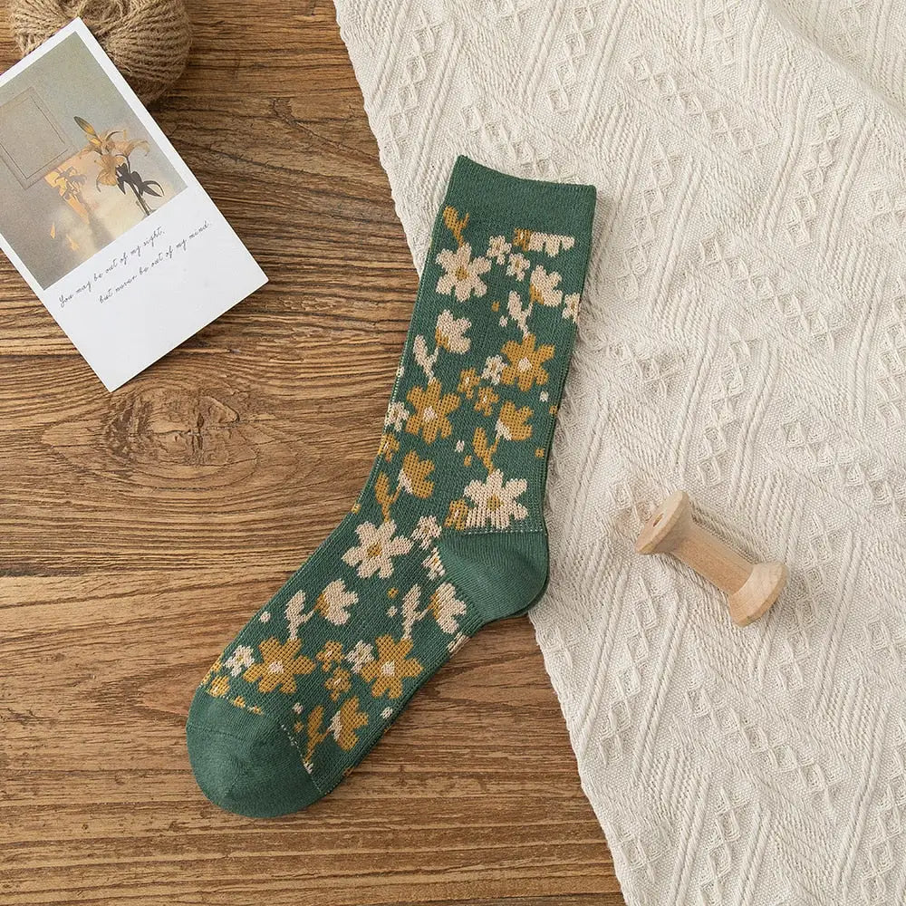 Solid Color Floral Socks - Green / Free Size